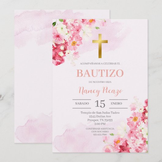 Roze Bloemen Doop Spaanse uitnodiging (Voorkant / Achterkant)