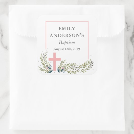 Roze Bloemen Doop Sticker Labels (Tas)