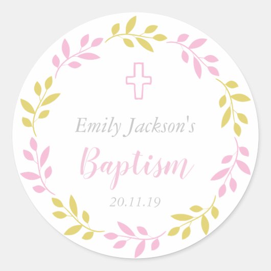Roze Bloemen Doop Sticker Labels (Voorkant)