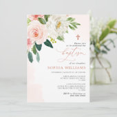 Roze Bloemen Doop Uitnodiging (Staand voorkant)