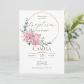 Roze Bloemen Doop uitnodiging voor meisje in het S (Staand voorkant)