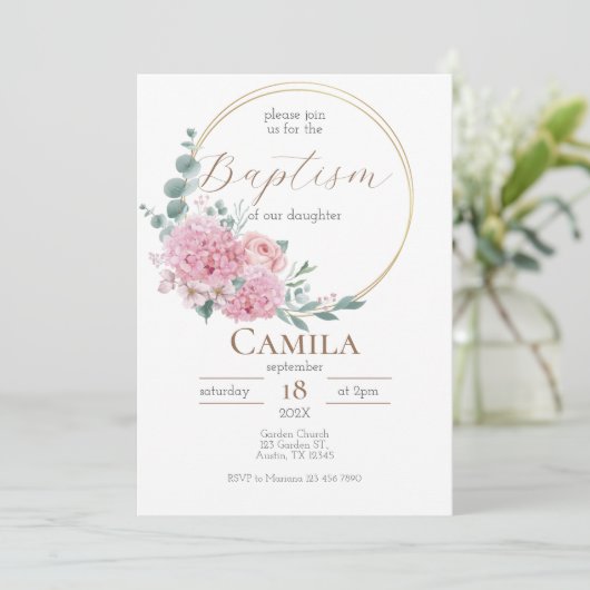 Roze Bloemen Doop uitnodiging voor meisje in het S (Staand voorkant)
