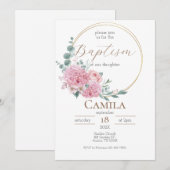 Roze Bloemen Doop uitnodiging voor meisje in het S (Voorkant / Achterkant)