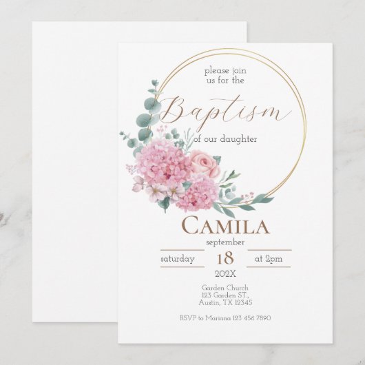 Roze Bloemen Doop uitnodiging voor meisje in het S (Voorkant / Achterkant)