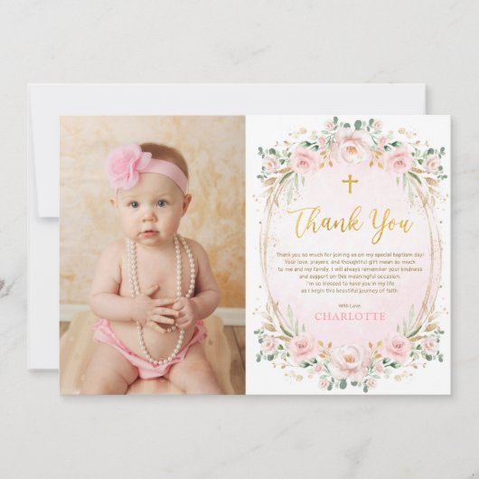 Roze Bloemen Doopsel Dankjewel Kaart (Voorkant)