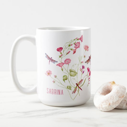 Roze Bloemen Dragonfly Gepersonaliseerde Mok (Met donut)