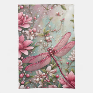 Roze Bloemen Dragonfly Keuken Handdoek