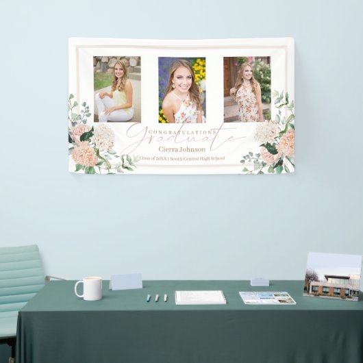 Roze Bloemen Drie foto's Kalligrafie Afstuderen Spandoek (Beurs)