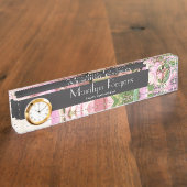 Roze bloemen dwarsafdrukken naambordje (Zijkant)