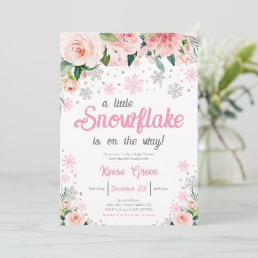 Roze Bloemen Een beetje Snowflake Baby shower Kaart (Staand voorkant)