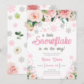 Roze Bloemen Een beetje Snowflake Baby shower Kaart (Voorkant / Achterkant)