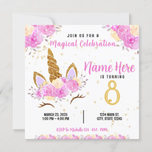 Roze Bloemen Eenhoorn Gouden Glitter Verjaardag Kaart