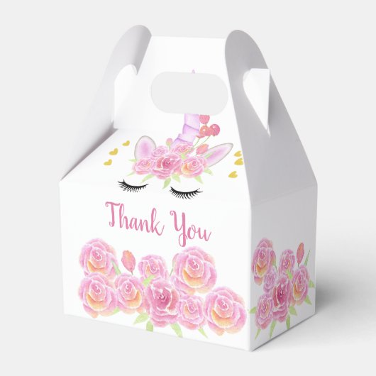 Roze Bloemen Eenhoorn Gouden Harten Verjaardag Bedankdoosjes (Achterkant)