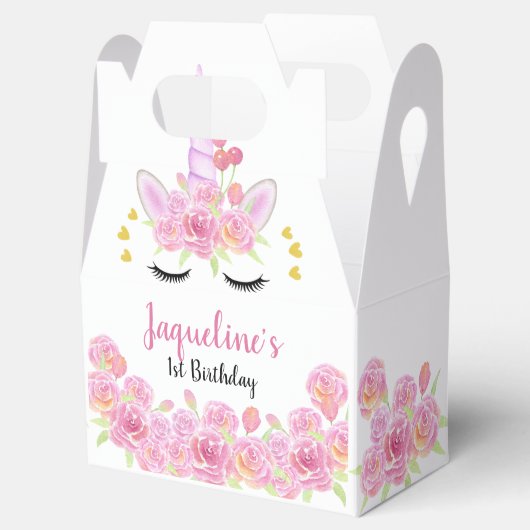 Roze Bloemen Eenhoorn Gouden Harten Verjaardag Bedankdoosjes (Geopend)