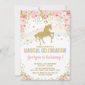 Roze Bloemen Eenhoorn Magische Verjaardag Regenboo Kaart (Voorkant)