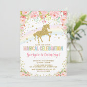 Roze Bloemen Eenhoorn Magische Verjaardag Regenboo Kaart (Staand voorkant)