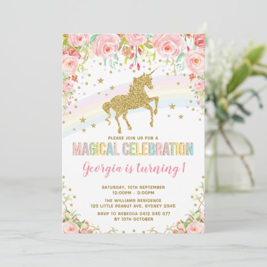 Roze Bloemen Eenhoorn Magische Verjaardag Regenboo Kaart (Staand voorkant)