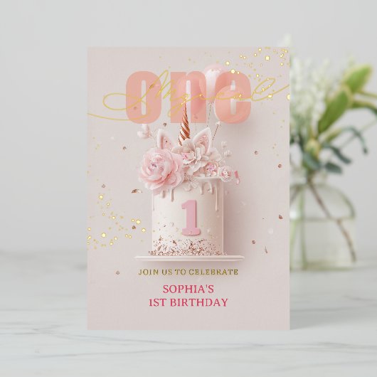 Roze Bloemen Eenhoorn Stijl Eerste Verjaardag Folie Uitnodiging (Staand Voorkant)