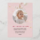 Roze Bloemen Eenhoorn Stijl Eerste Verjaardag Folie Uitnodiging (Achterkant)