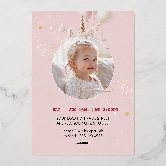 Roze Bloemen Eenhoorn Stijl Eerste Verjaardag Folie Uitnodiging (Achterkant)