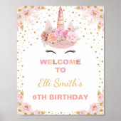 Roze Bloemen Eenhoorn Verjaardagsfeest Welkomstbor Poster (Voorkant)