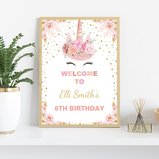 Roze Bloemen Eenhoorn Verjaardagsfeest Welkomstbor Poster