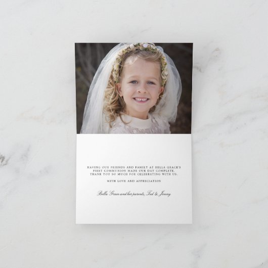 Roze Bloemen eerste communie foto dank u Bedankkaart (Binnen)