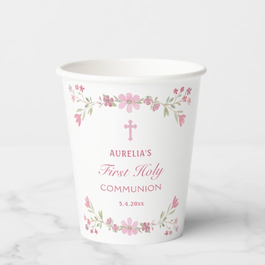 Roze bloemen eerste communie papieren bekers (Voorkant)