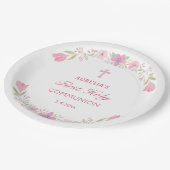 Roze bloemen eerste communie ronde papieren bordje (Gekanteld)