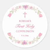 Roze bloemen eerste communie ronde sticker (Voorkant)
