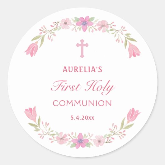 Roze bloemen eerste communie ronde sticker (Voorkant)