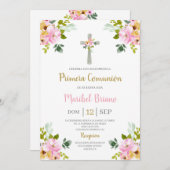 Roze Bloemen Eerste Communie Spaans Kaart (Voorkant / Achterkant)