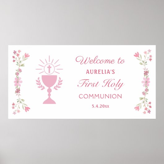 Roze bloemen eerste communie welkom poster (Voorkant)