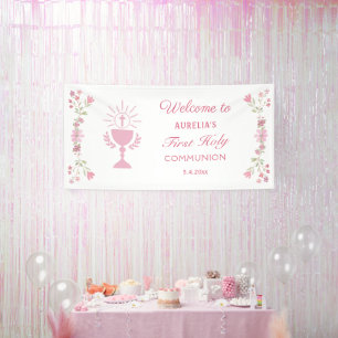 Roze bloemen eerste communie welkom spandoek