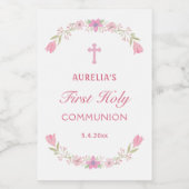 Roze bloemen eerste communie wijn etiket (Enkel label)