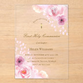 Roze bloemen Eerste Heilige Communie Acryl Uitnodigingen (Voorkant)