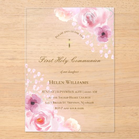 Roze bloemen Eerste Heilige Communie Acryl Uitnodigingen (Voorkant)