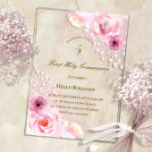 Roze bloemen Eerste Heilige Communie Acryl Uitnodigingen