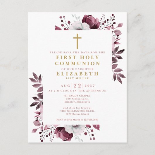 Roze Bloemen Eerste Heilige Communie Bewaar de dat Briefkaart (Voorkant)