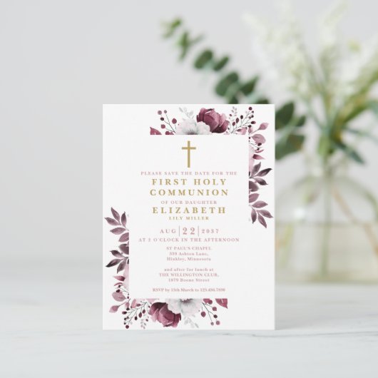 Roze Bloemen Eerste Heilige Communie Bewaar de dat Briefkaart (Staand voorkant)