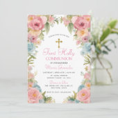 Roze Bloemen Eerste Heilige Communie Kaart (Staand voorkant)