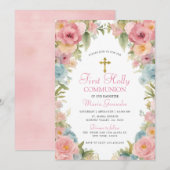 Roze Bloemen Eerste Heilige Communie Kaart (Voorkant / Achterkant)