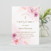 roze bloemen | Eerste Heilige Communie Kaart (Staand voorkant)