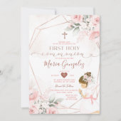 Roze Bloemen Eerste Heilige Communie Schattige Mei Kaart (Voorkant)