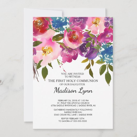 Roze Bloemen Eerste Heilige Communie Uitnodiging (Voorkant)