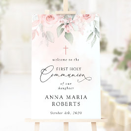 Roze Bloemen Eerste Heilige Communie Welkom Poster