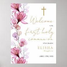 Roze bloemen eerste heilige communie welkomstbord