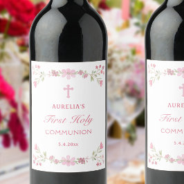 Roze Bloemen Eerste Heilige Communie Wijn Etiket
