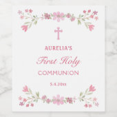 Roze Bloemen Eerste Heilige Communie Wijn Etiket (Enkel label)