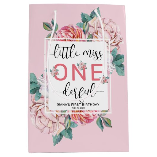 Roze Bloemen Eerste Verjaardag Medium Cadeauzakje (Voorkant)